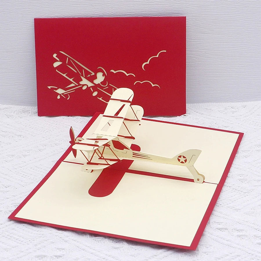 3D Pop-Up Biplane Greeting Card – Handmade Aviation Gift Card