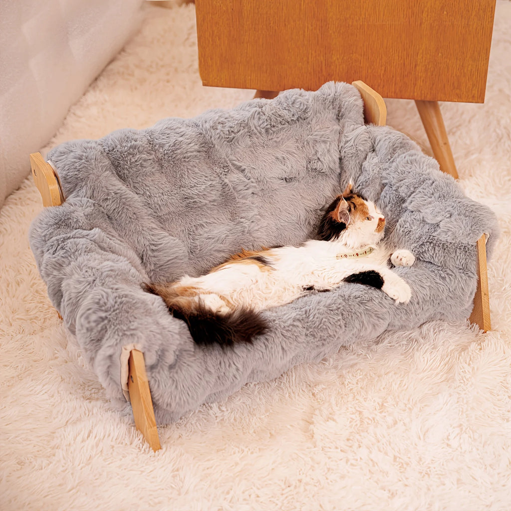 Raised Solid Wood Pet Couch Bed - Elevated Modern Cat & Dog Sofa Chair with Thick, Wide Wood Frame, (Suitable for cats & small D